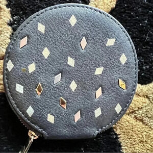 Fossil Unisex Black Leather Round Coin Money Pouch Wristlet